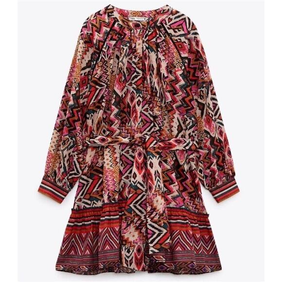 Zara Long Sleeve Mini Dress L Red Pink Geometric Tribal Print Button Front Boho - Picture 2 of 16
